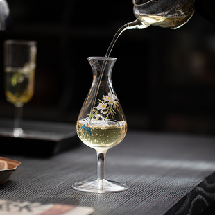 日式手工贴花耐热玻璃高足茶杯绿茶品茗杯家用主人杯单杯洋酒杯子