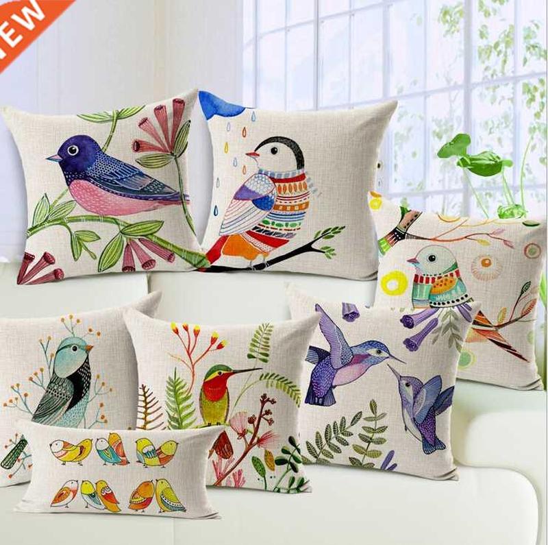birds decorative pillow Nordic painting linen cushion 45x45