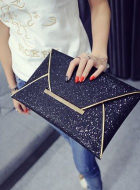 Women Evening Bag Pouch Sequins Envelope Black Handbag Spark