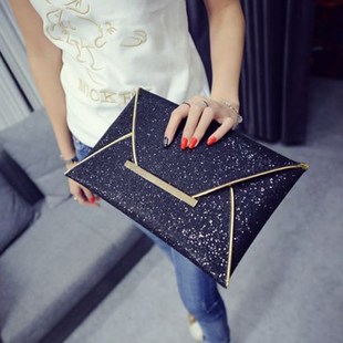 Women Evening Bag Pouch Sequins Envelope Black Handbag Spark