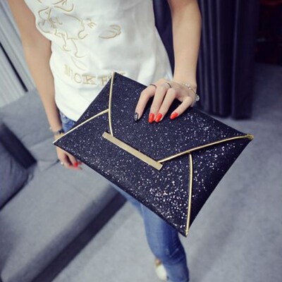 Women Evening Bag Pouch Sequins Envelope Black Handbag Spark