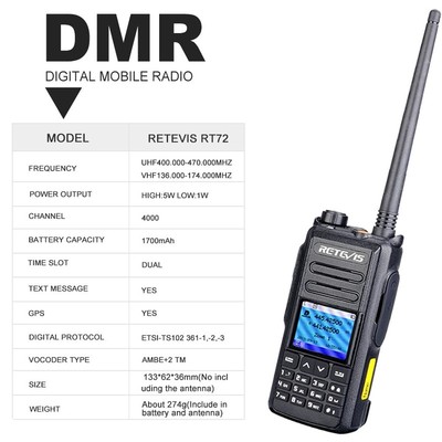 DMR Digital Walkie Talkie 5W Retevis RT72 UHF VHF Dual Band