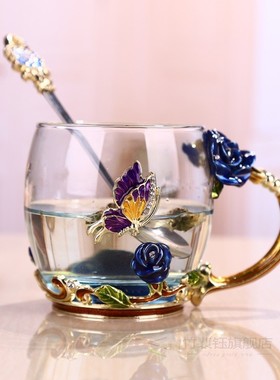namel Transparent Glass Coffee Tea Mug Blue Roses Heat-Resis