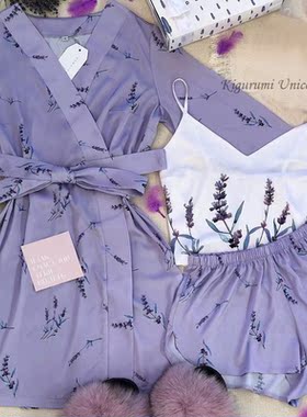 Floral Printed Sleepwear Silk Robe Suit Womens Satin Pajamas