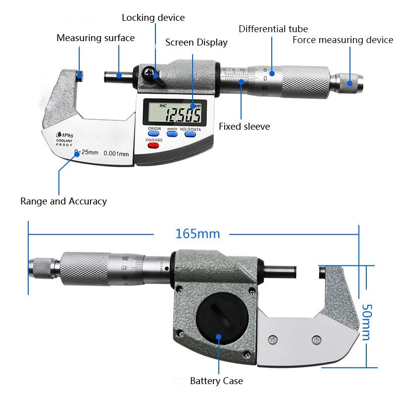 0-25mm 0.001mm IP65 Waterproof Digital Micrometer 25mm outsi