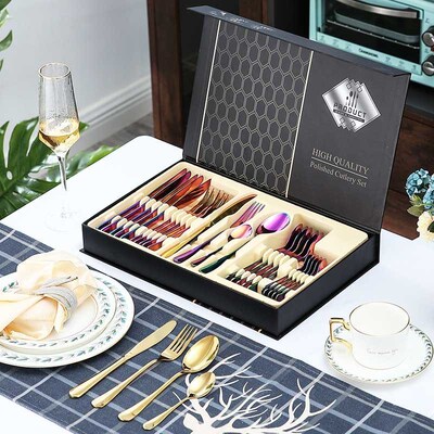 24 PCS Rainbow Tableware Non-fading Flatware Set Cutlery Sta