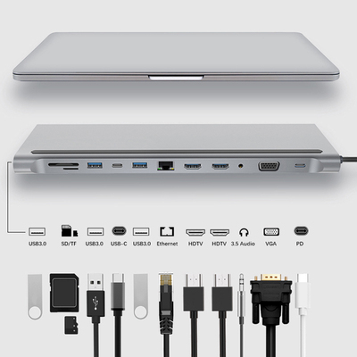 12 in 1 Type C HUB to 3.0 USB Card Reader Dual HDMI-compatib
