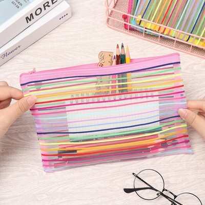 Nylon Pencil Case Simple Rainbow color Mesh Document Bag Mu