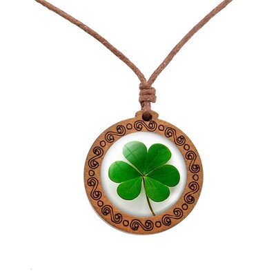Shamrock Lucky Clover Wood Necklace Wooden Pendant Four Lea