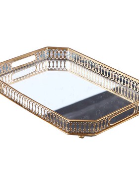 Vintage European Mirror Glass Metal Storage Tray Gold Rectan