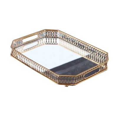 Vintage European Mirror Glass Metal Storage Tray Gold Rectan