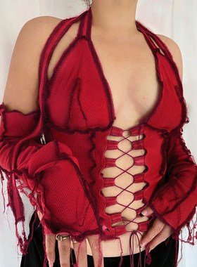 2020 Backless Halter Ribbed Tie Front Top Women Long Sleeve