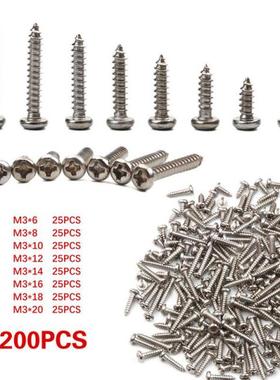 200Pcs 304 Stainless Steel Pan Head Self Tapping Screw Round