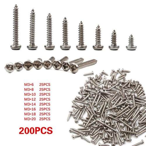 200Pcs 304 Stainless Steel Pan Head Self Tapping Screw Round