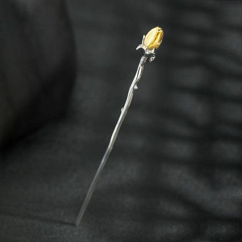 s925银爱情玫瑰花新中式发簪汉服旗袍盘发笄礼520情人节节日礼品