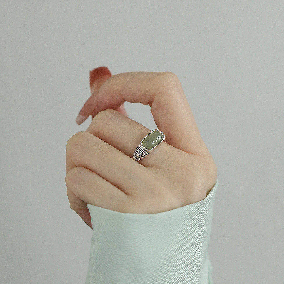 复古925银花纹碧玉戒指女新中式民族风开口可调节个性百节日礼品