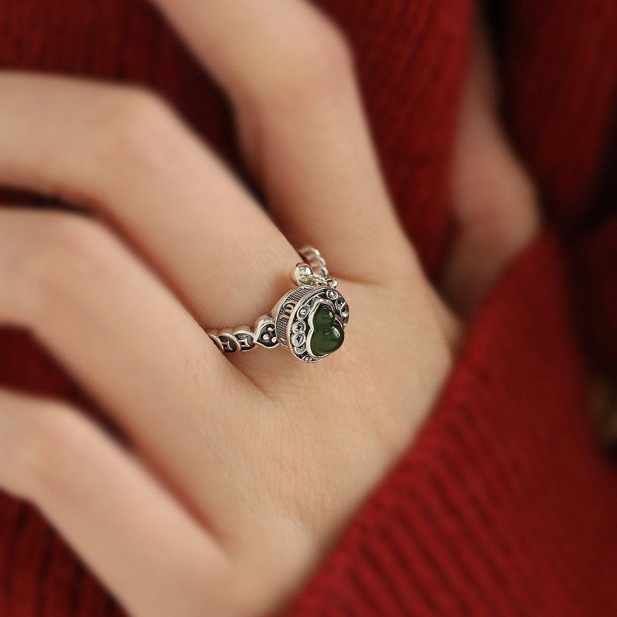 复古925银六字真言碧玉葫芦戒指女小众民族风个性可转动节日礼品