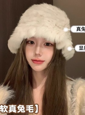 白色兔毛帽子女2025新款冬季保暖护耳针织毛线帽大头围毛绒显脸小