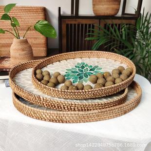 越南藤编贝壳托盘客厅家用创意编织零食收纳筐馒头筐点心水果篮子