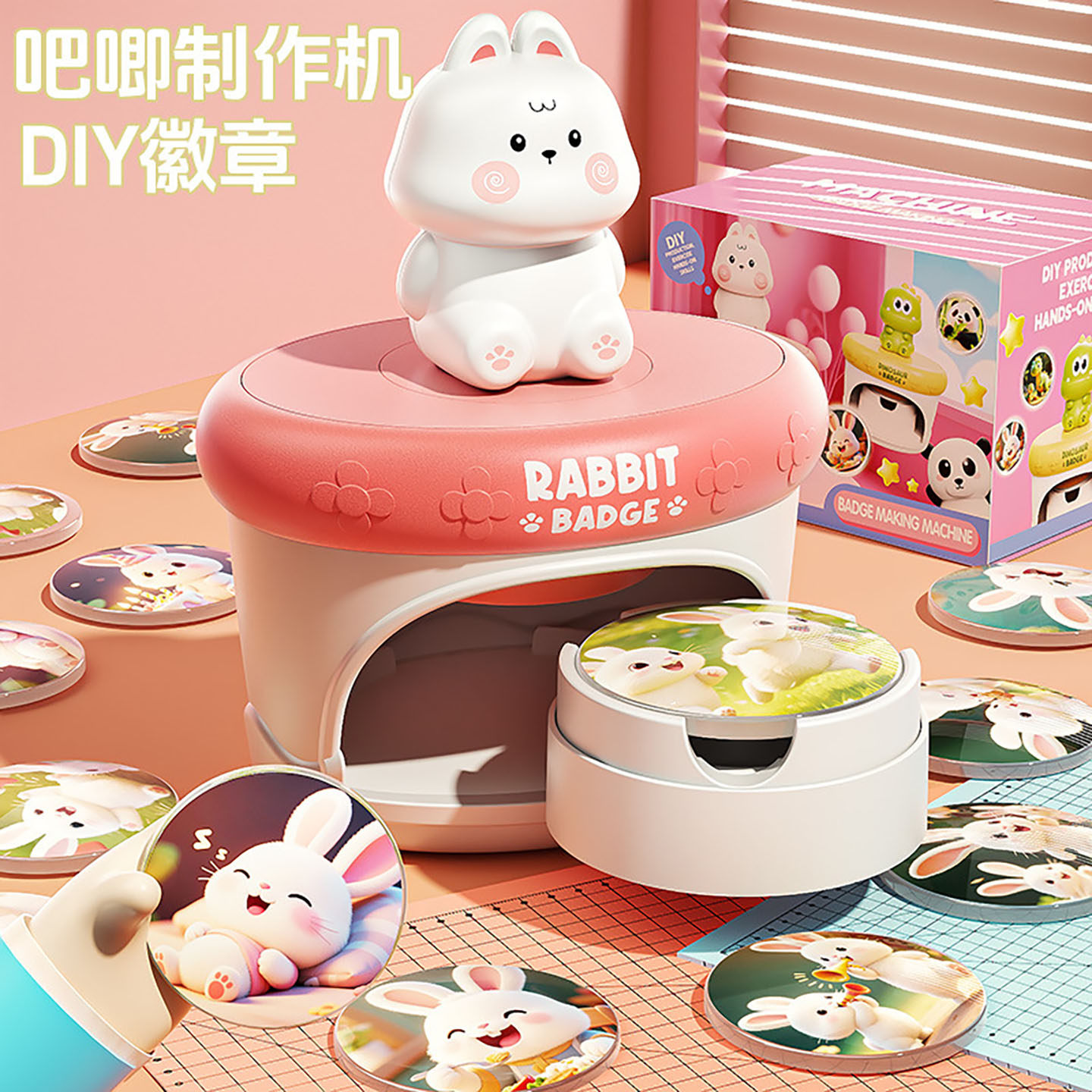 儿童DIY徽章制作机卡通兔子益智玩具亲子手工早教模型生日礼物