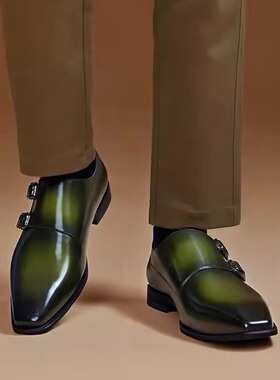 MNG手工擦色固特异复古英伦风墨绿色商务休闲皮鞋搭扣孟克鞋皮底