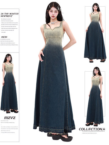 MZVZ渐变拼接方领背带牛仔连衣裙女夏季复古背心吊带裙大摆裙子夏