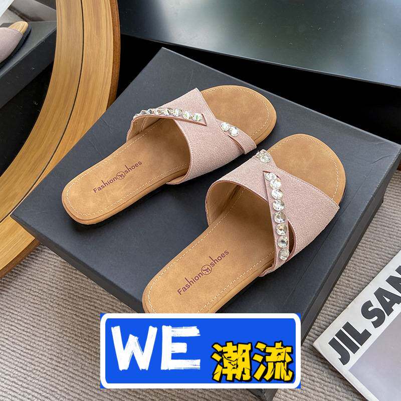 晋江高端女鞋拖鞋女夏外穿新款百搭时尚亮钻懒人沙滩鞋外出
