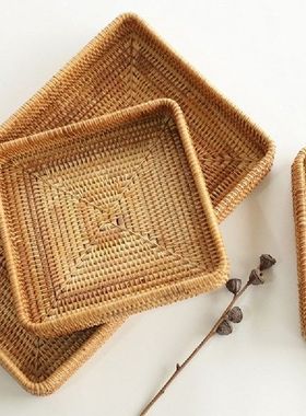 Handwoven Rattan Storage Basket Square Wicker Tray Picnic