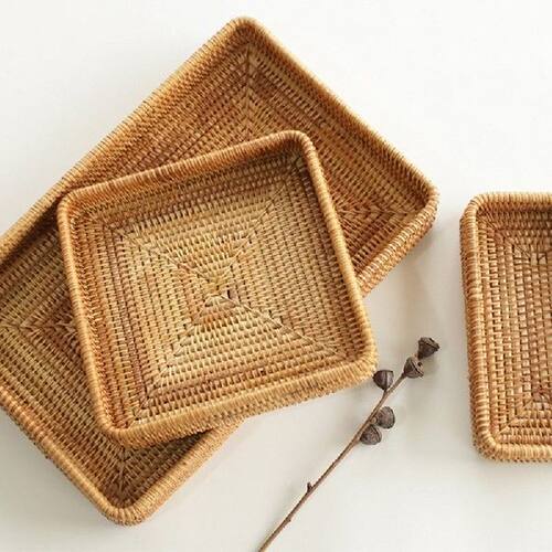 Handwoven Rattan Storage Basket Square Wicker Tray Picnic