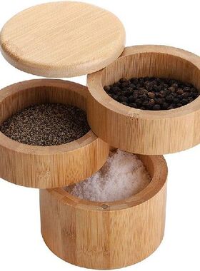 3 Tiers Bamboo Salt Box,Bamboo Spice Box with Magnetic Swive