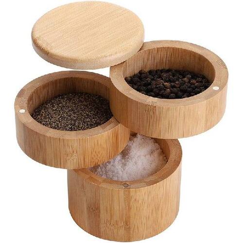 3 Tiers Bamboo Salt Box,Bamboo Spice Box with Magnetic Swive