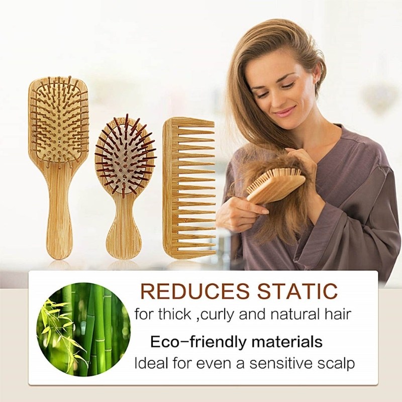 3pcs bamboo hair brush combs set for women men kids wet dry