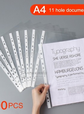 100Pcs A4 Plastic Punched Pockets Folders Filing 11 Holes Lo