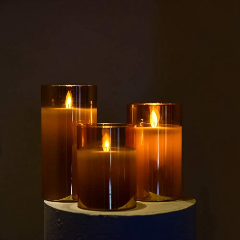 Hot Amber Glass LED Flameless Candles Flickering with