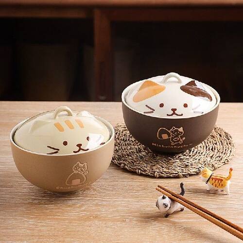 Cute Japanese Cat Ramen Bowl With Lid Ceramic Noodle Soup