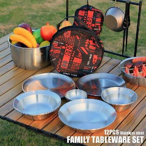 12pcs/set Outdoor Camping Dishes Set Portable Stainless