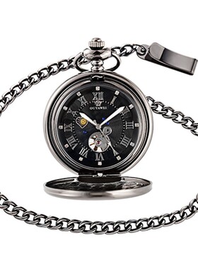 OYAWEI Vintage Pocket Watch Black Case Hollow Dial Moon Phas
