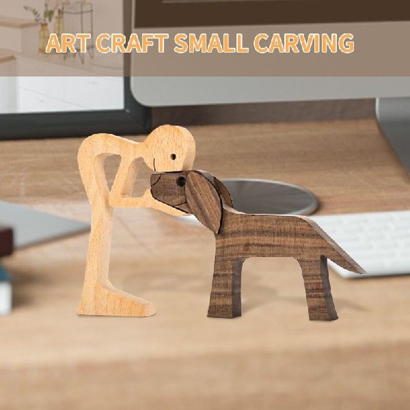 Family Puppy Wood Dog Craft Figurine Desktop Table Ornament