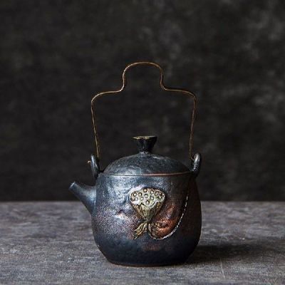Embossed Lotus Ceramic Teapot with Metal Handle 240ml