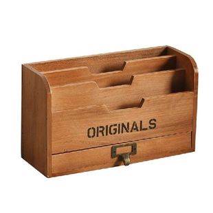 Desktop Storage Box Retro Wooden Organiser Stationery Bills