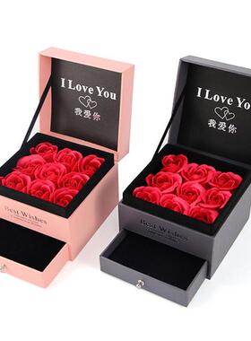 Ring Necklace Jewelry Holder Paper Box + 9Pcs Faux Rose