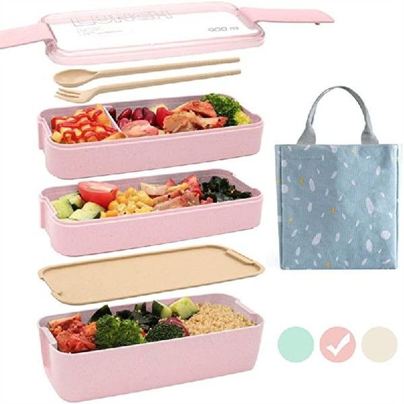 3 Layer Wheat Straw Lunch Box with Bag Japanese Microwave
