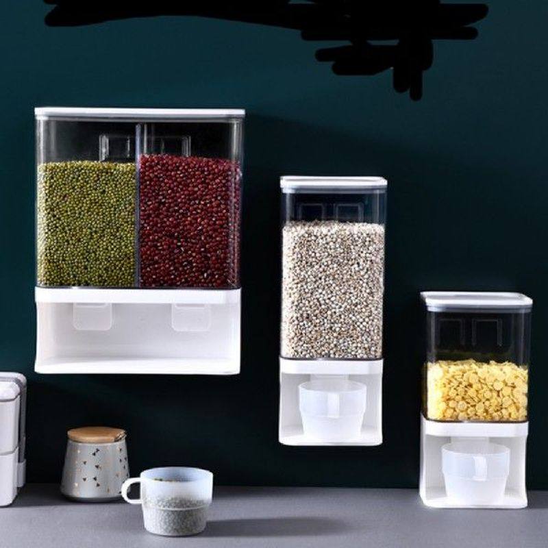wall mounted divided rice cereal dispenser plastic