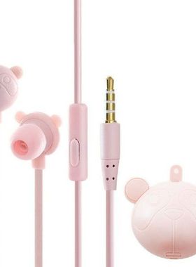 Pink Wired Earphones Cute Cartoon Bear Sport Headphones