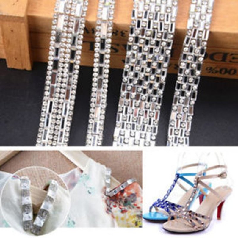 Silver Rhinestone Ribbon Beaded Iron On Applique Trim Rhines