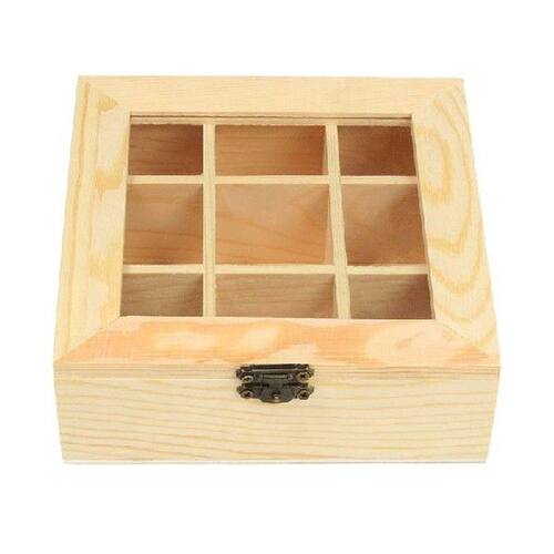 Wooden Tea Bag Jewelry Organizer Chest Storage Box 9 Compart