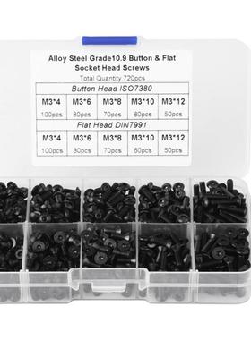 720pcs M3*4 6 8 10 12 Black Alloy Steel Flat Head Hex Socket
