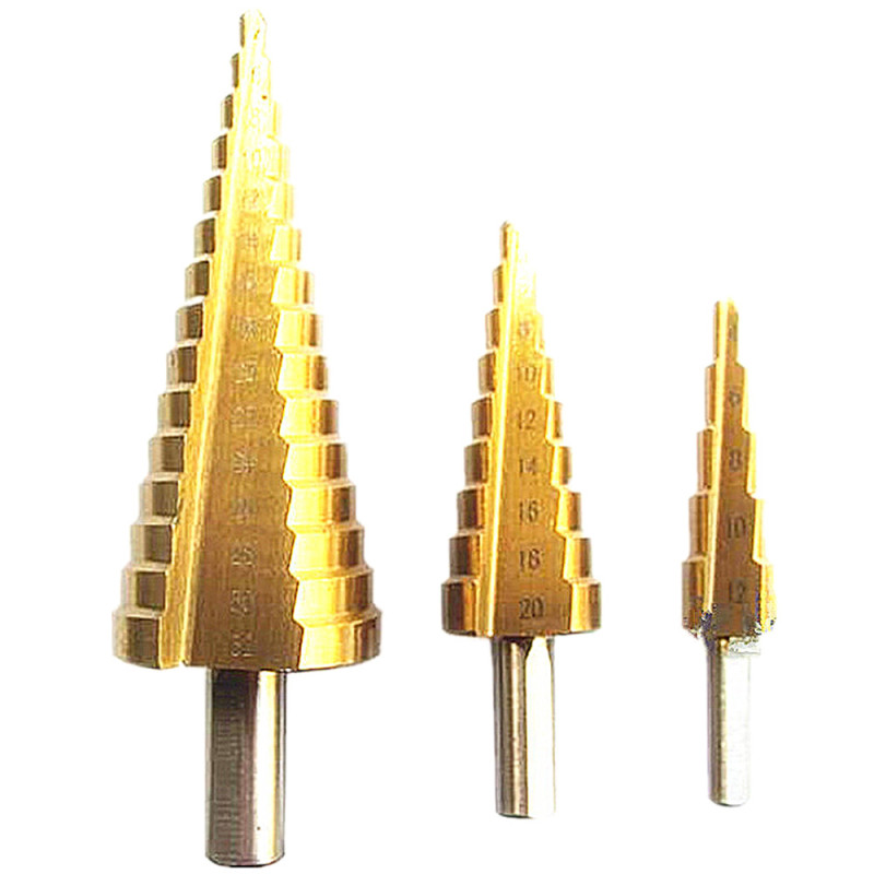3PCS  HSS Coated Step Drill Bits Set 4-12/4-20/4-32mm Shank