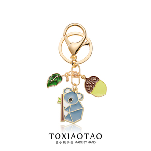 几何拼接考拉钥匙扣中国风精致松果绿叶挂件U盘防丢包包配饰礼物