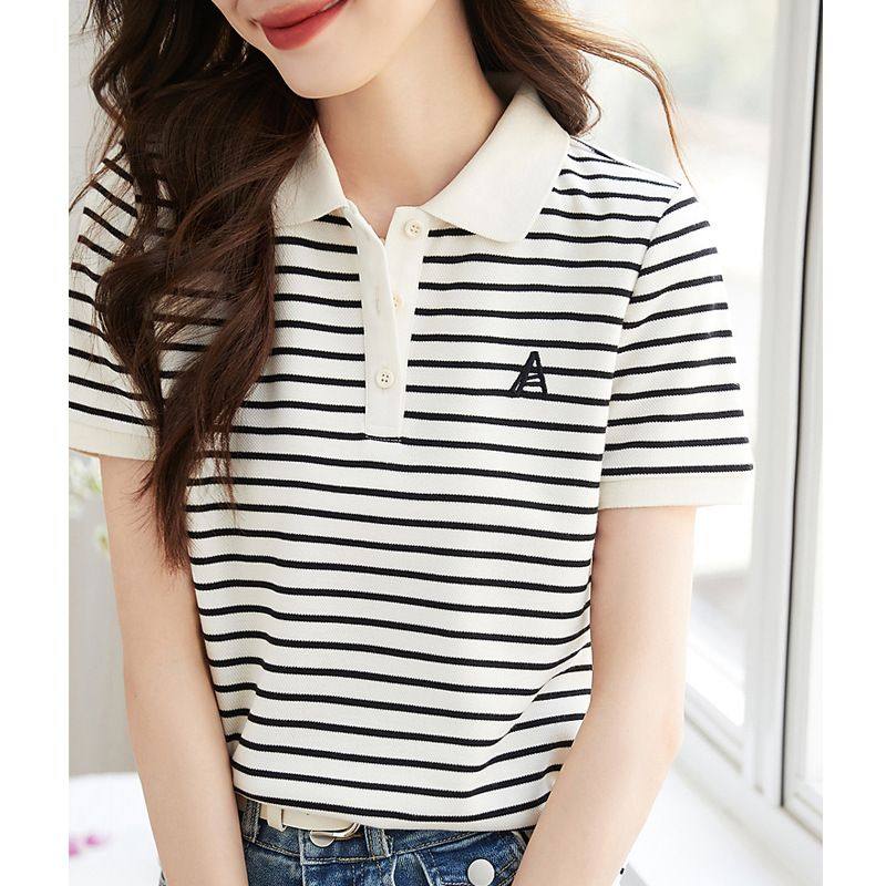 条纹撞色POLO领上衣2023夏季新款休闲舒适时尚百搭T恤女,女装/女士精品,POLO衫,淘宝优惠券,粉丝福利购,淘宝优惠卷